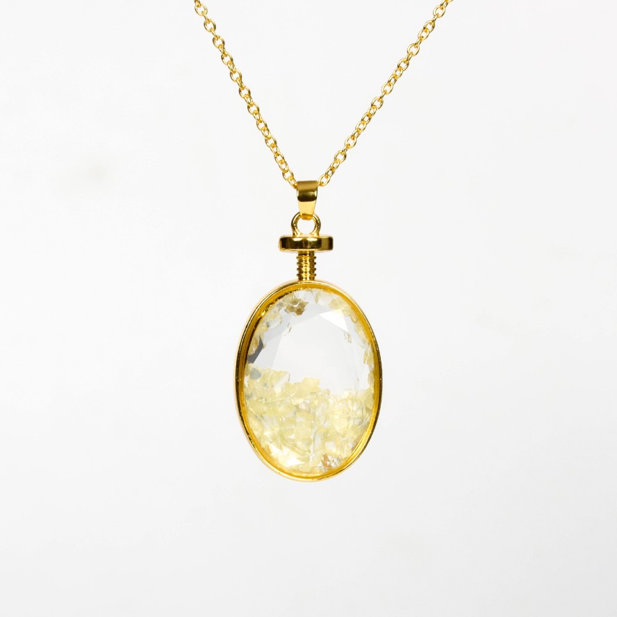 Crystal Chips In Oval Glass Pendant Necklace